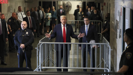 Republican presidential candidate and former President Donald Trump talks to reporters at Manhattan state court in New York, Monday, April 23, 2024.