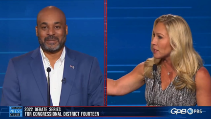 Marcus Flowers (left) and Marjorie Taylor Greene (right) at a debate