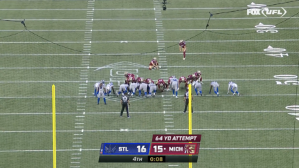 Michigan Panthers kicker Jake Bates attempts 64-yard field goal